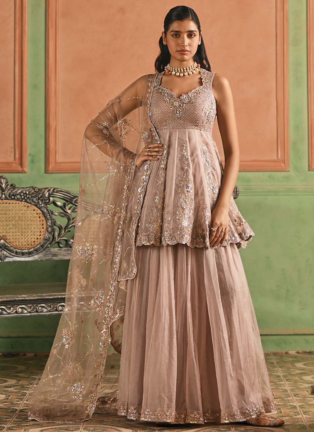 Dusty Rose Pink Embroidered Sharara