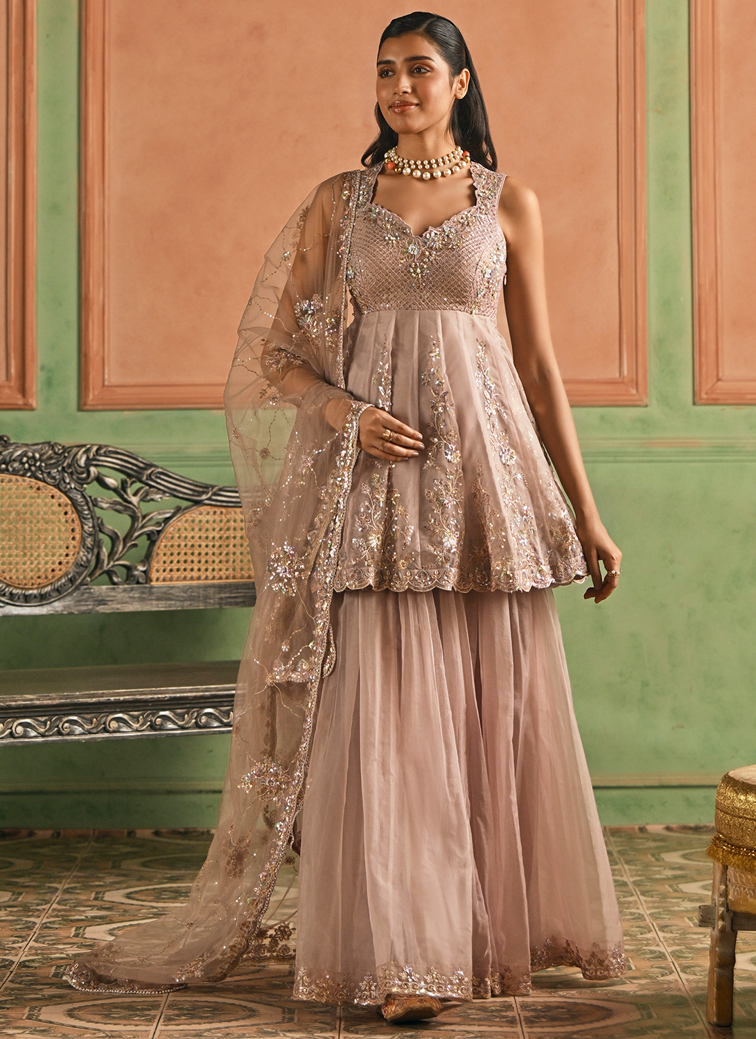Dusty Rose Pink Embroidered Sharara