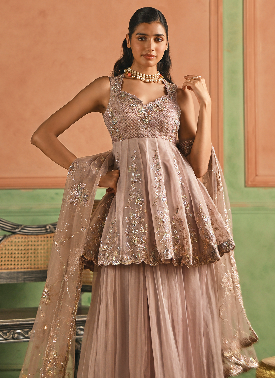 Dusty Rose Pink Embroidered Sharara