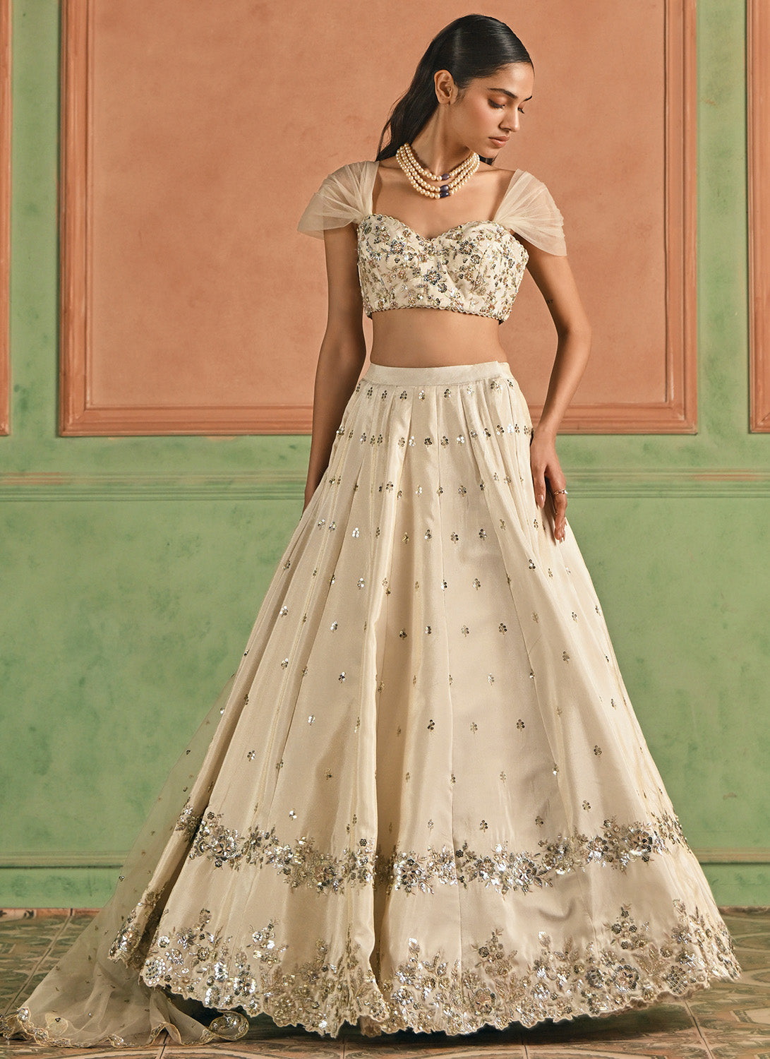 Cream Embroidered Viscose Tissue Lehenga
