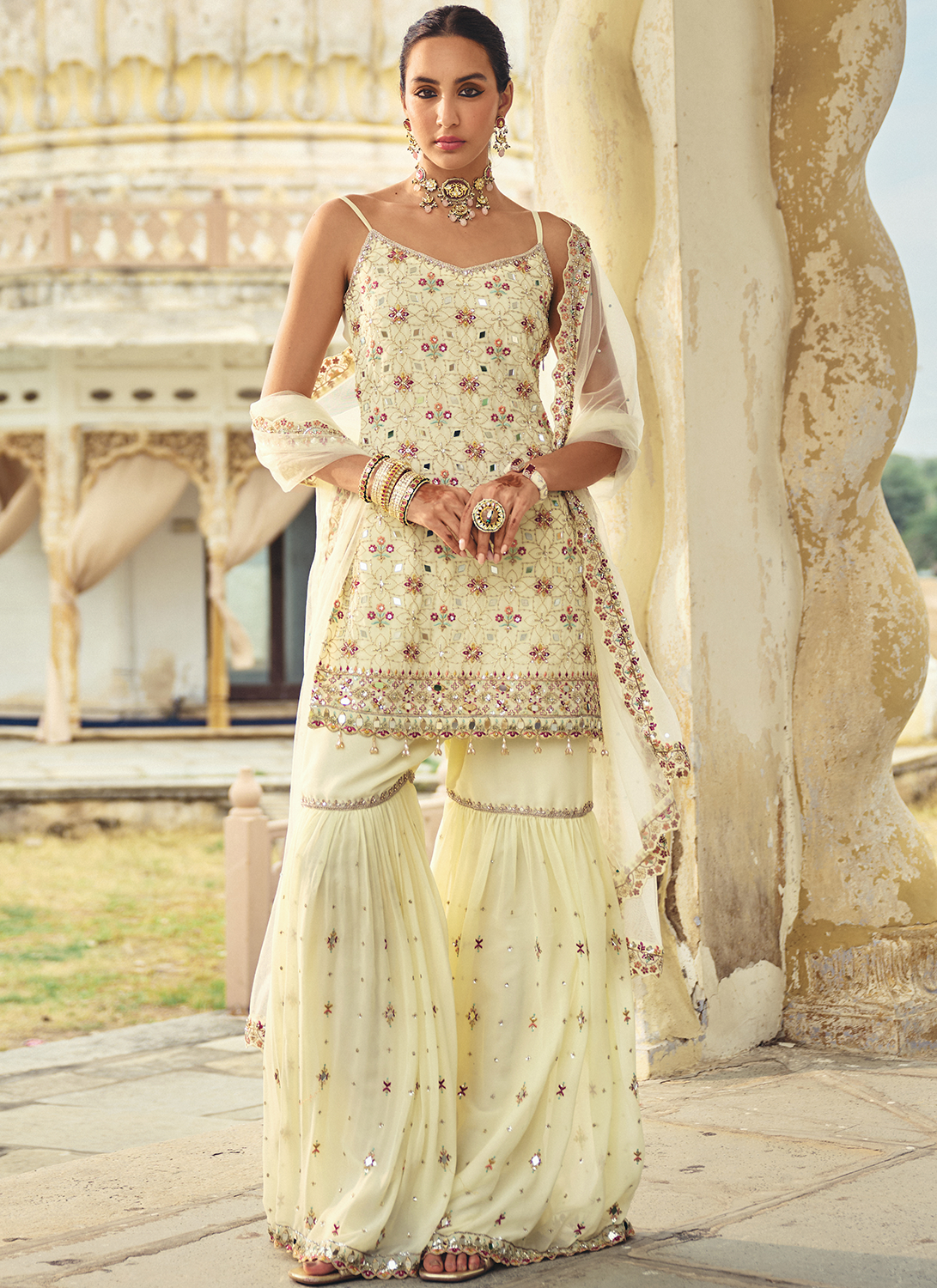 Ivory Embroidered Georgette Gharara