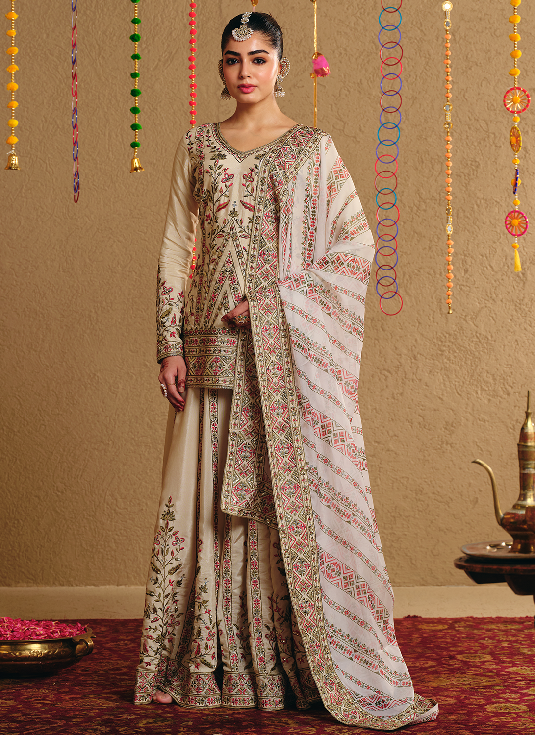 Ivory Multicolor Embroidered Viscose Silk Sharara