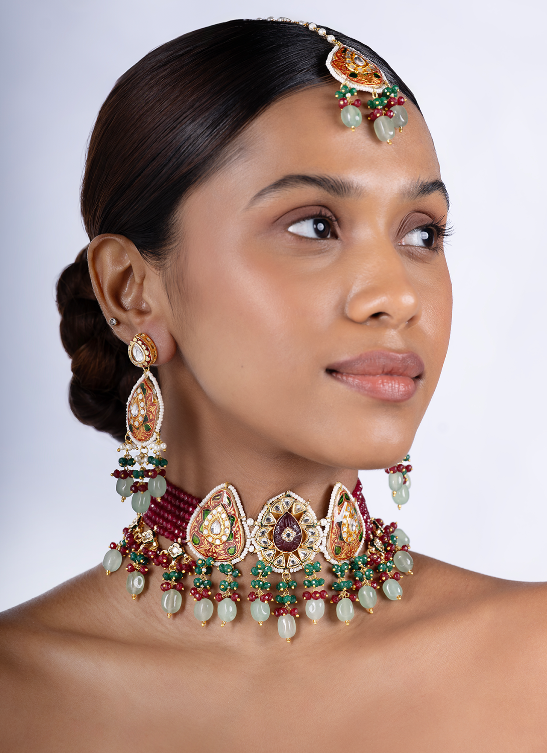 Maroon and Sage Meenakari Choker Set