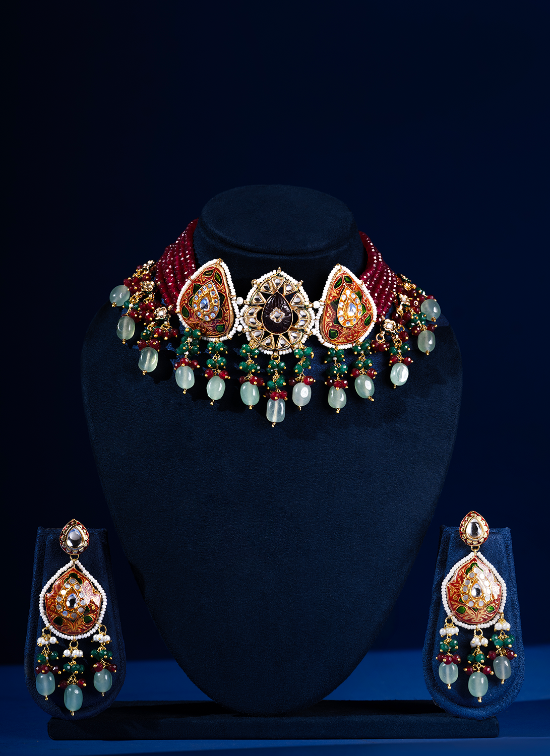 Maroon and Sage Meenakari Choker Set