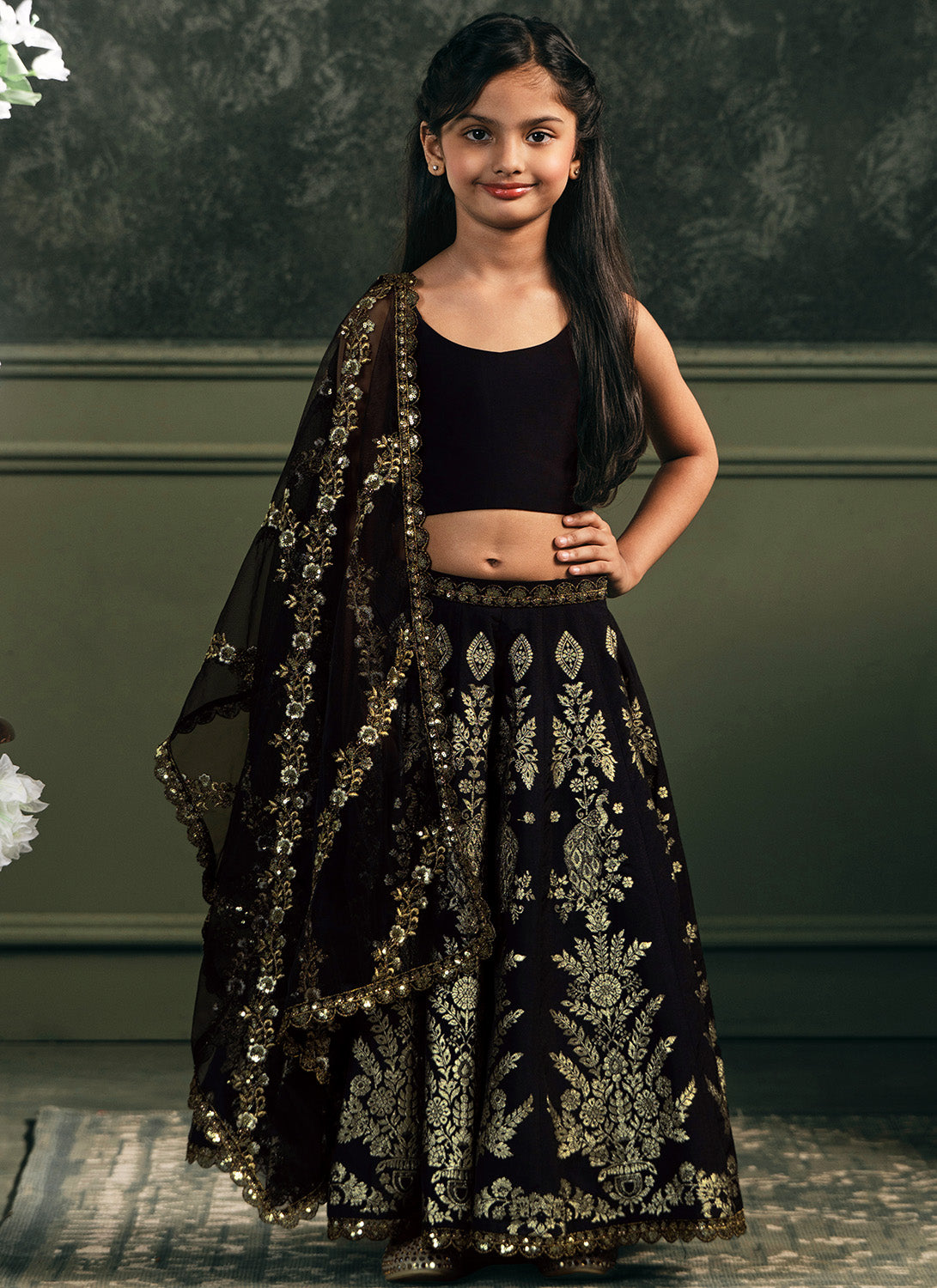 Kids Black Embroidered Brocade Lehenga