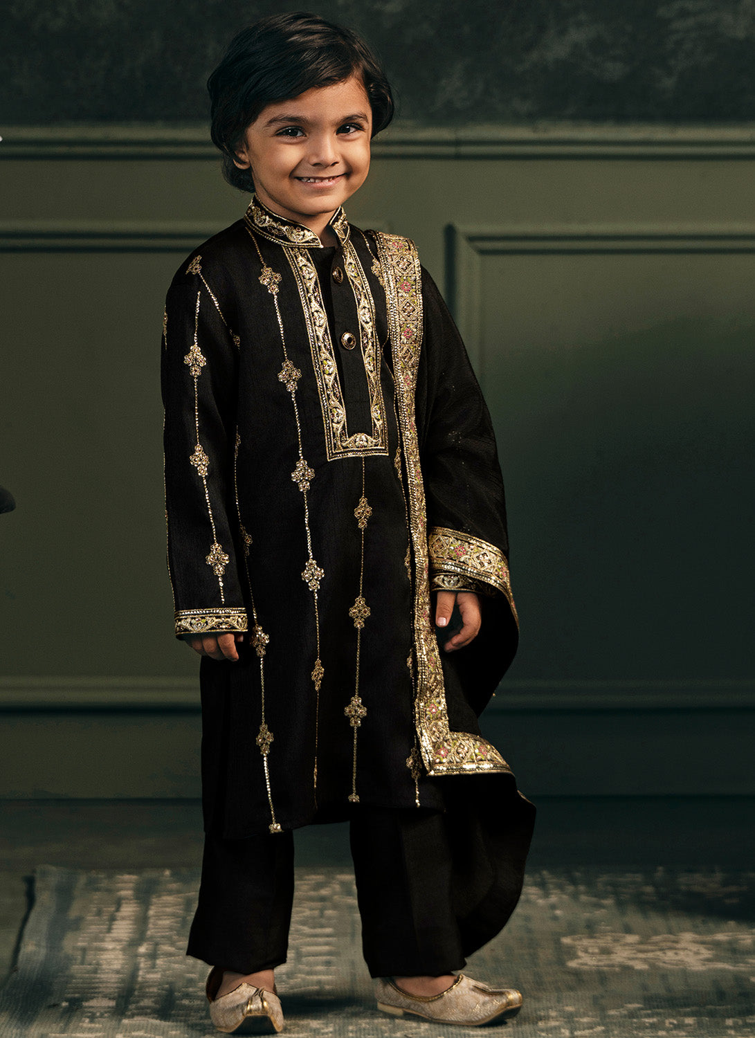 Kids Black Embroidered Silk Kurta Set