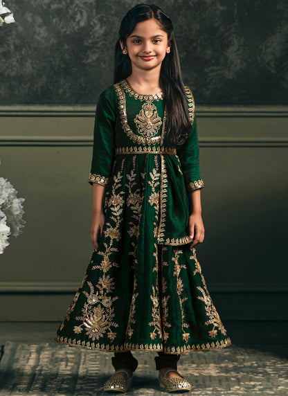 Kids Green Embroidered Silk Anarkali