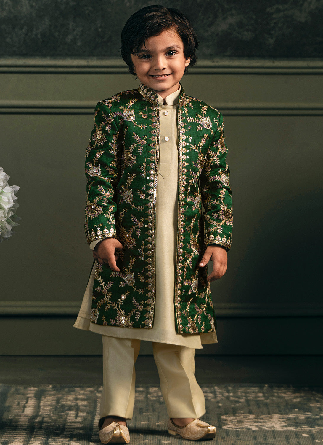 Kids Green Embroidered Silk Sherwani Set