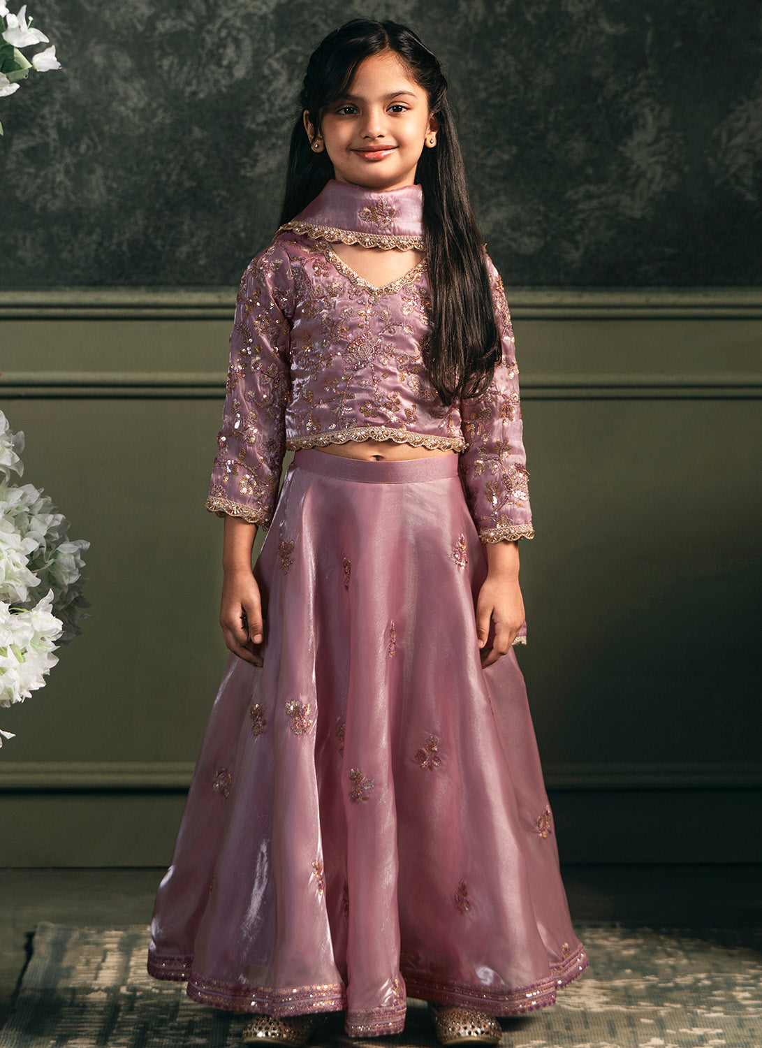 Kids Light Purple Embroidered Organza Lehenga