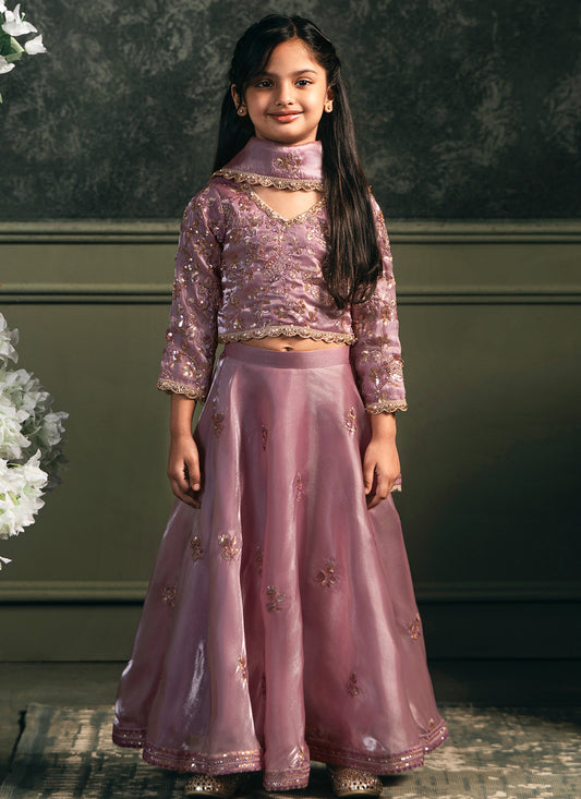 Kids Light Purple Embroidered Organza Lehenga