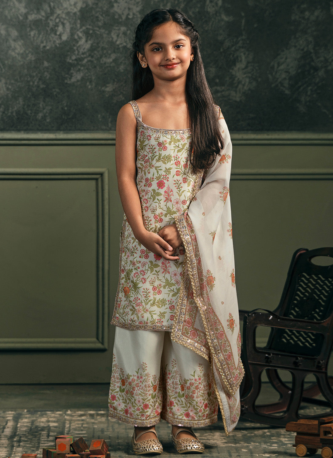 Kids Off White Multicolor Printed Palazzo Suit