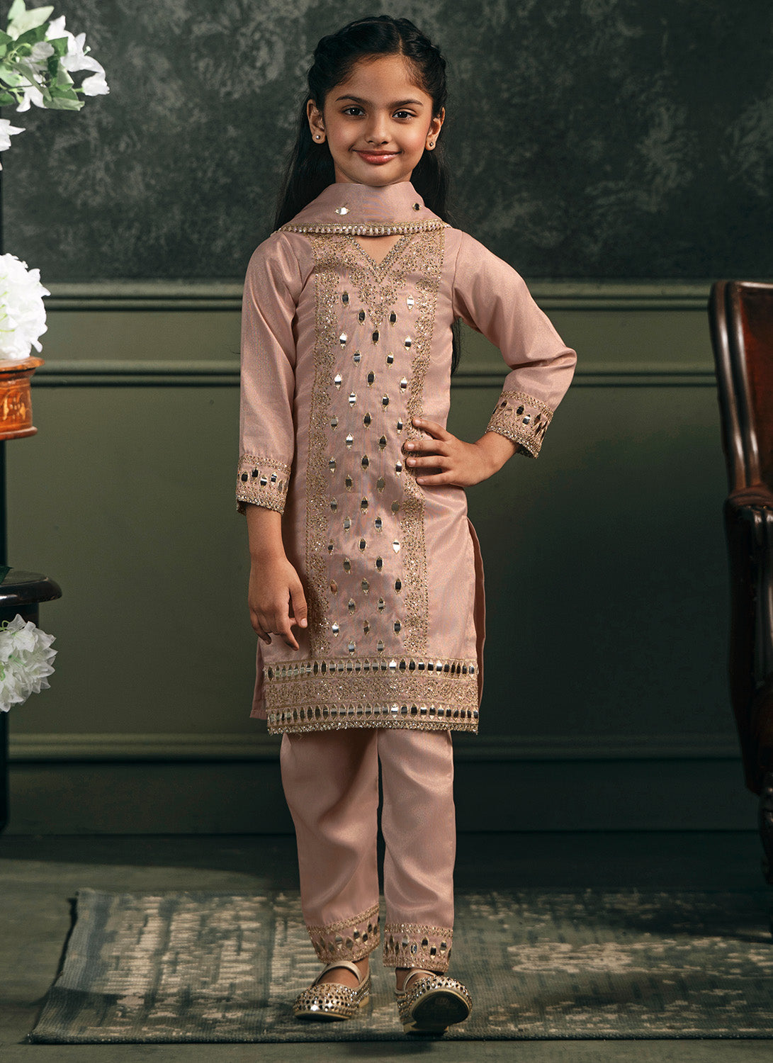Kids Peach Embroidered Silk Straight Suit