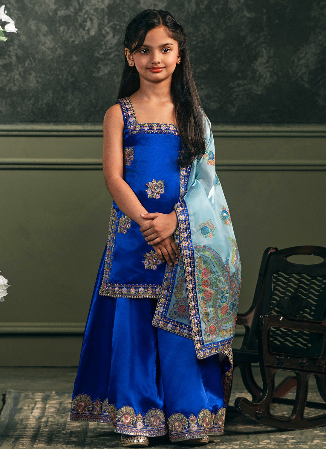 Kids Royal Blue Embroidered Satin Sharara