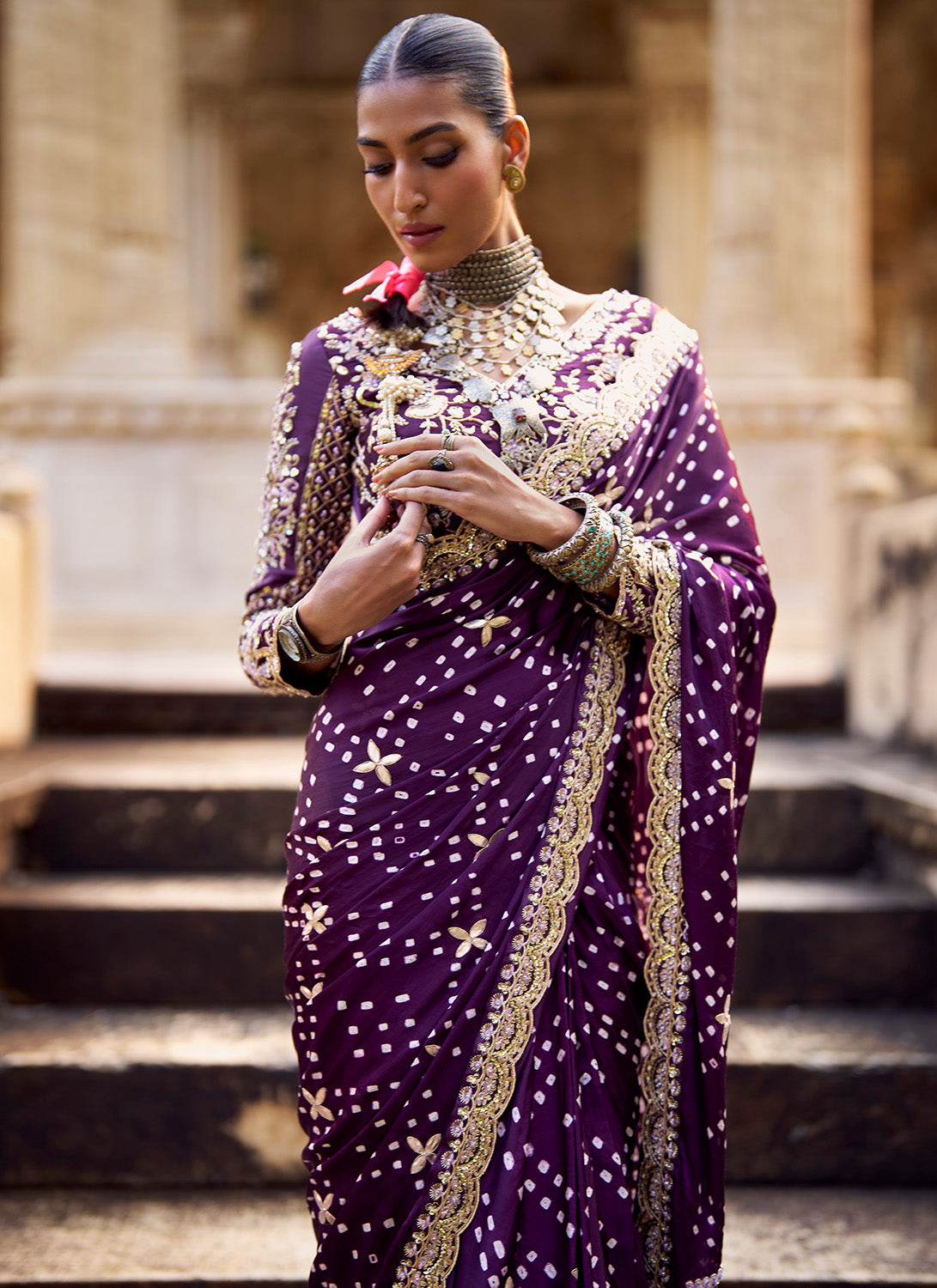 Deep Purple Embroidered Pure Bandhani Saree