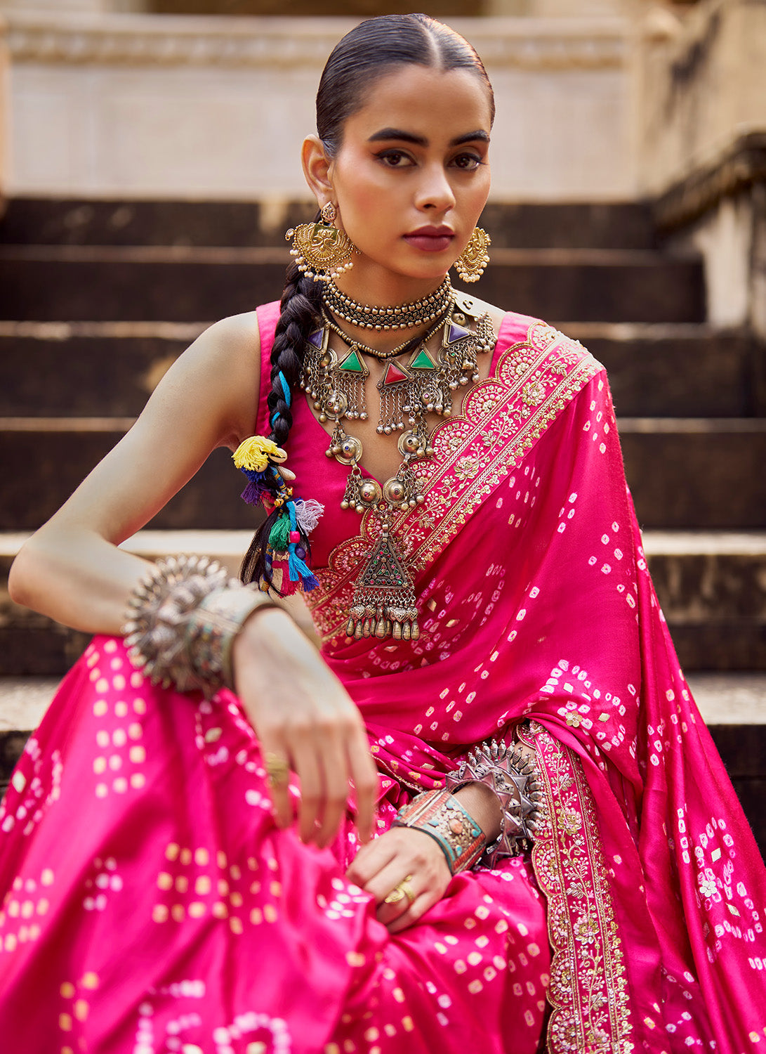 Pink Embroidered Pure Bandhani Saree