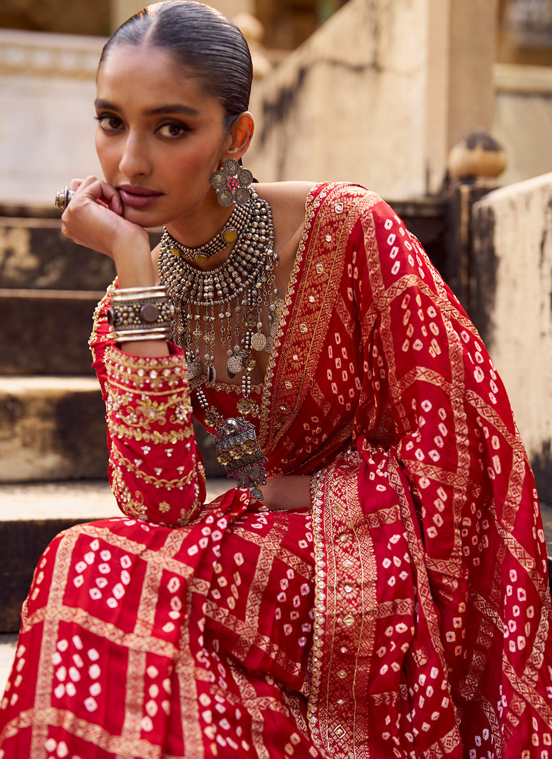 Red Embroidered Pure Bandhani Saree