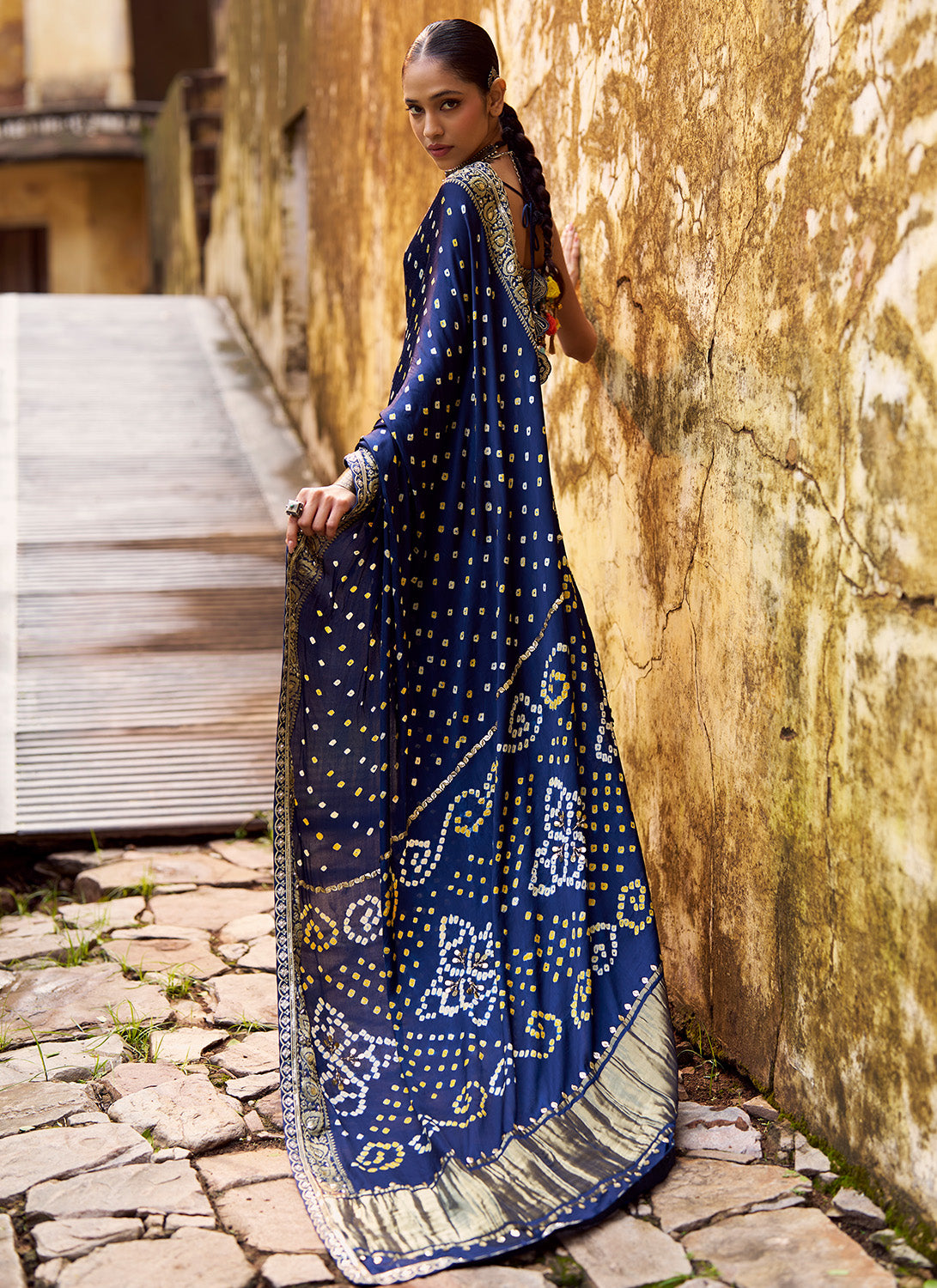 Blue Embroidered Pure Bandhani Saree