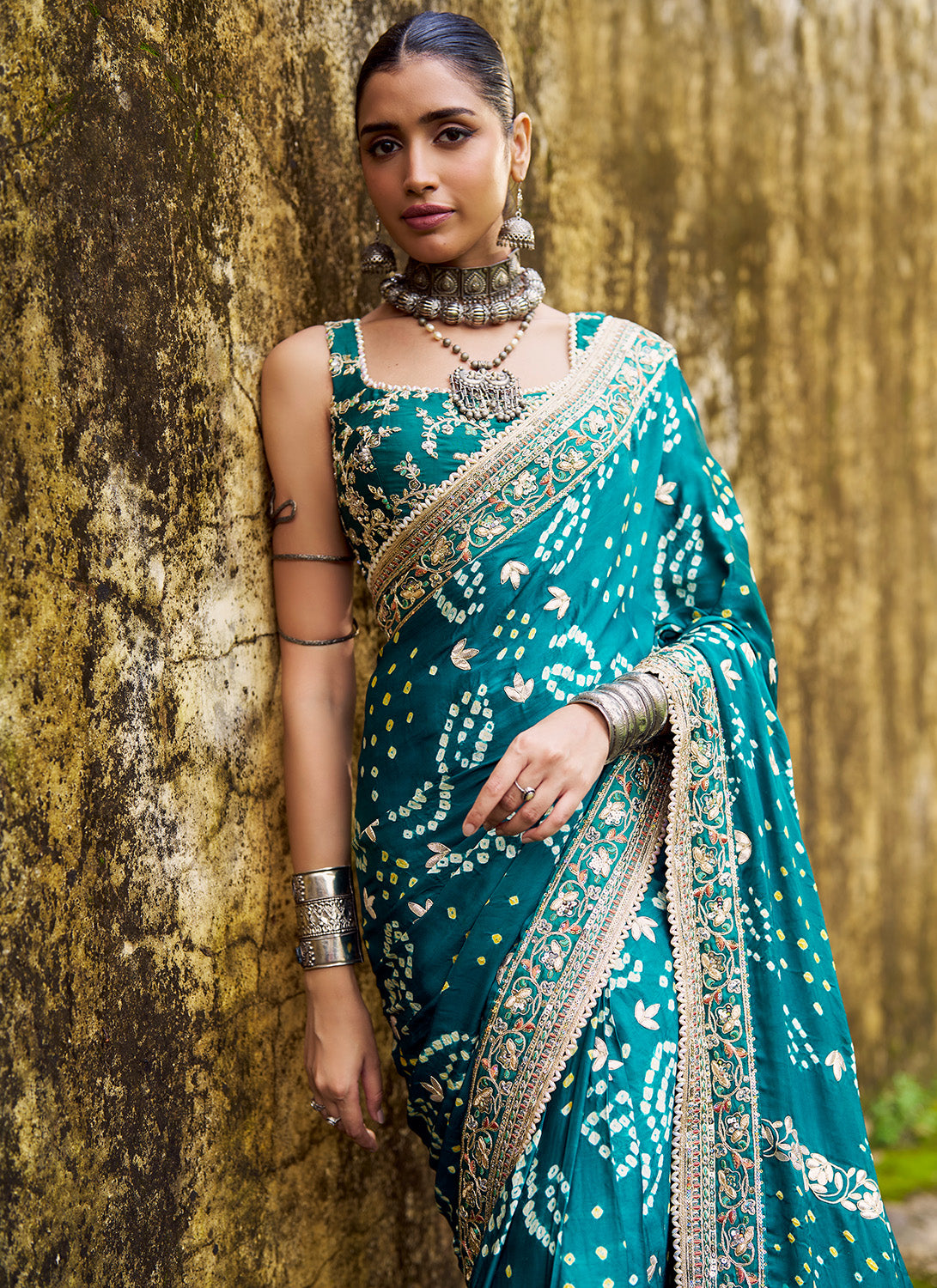 Teal Green Embroidered Pure Bandhani Saree