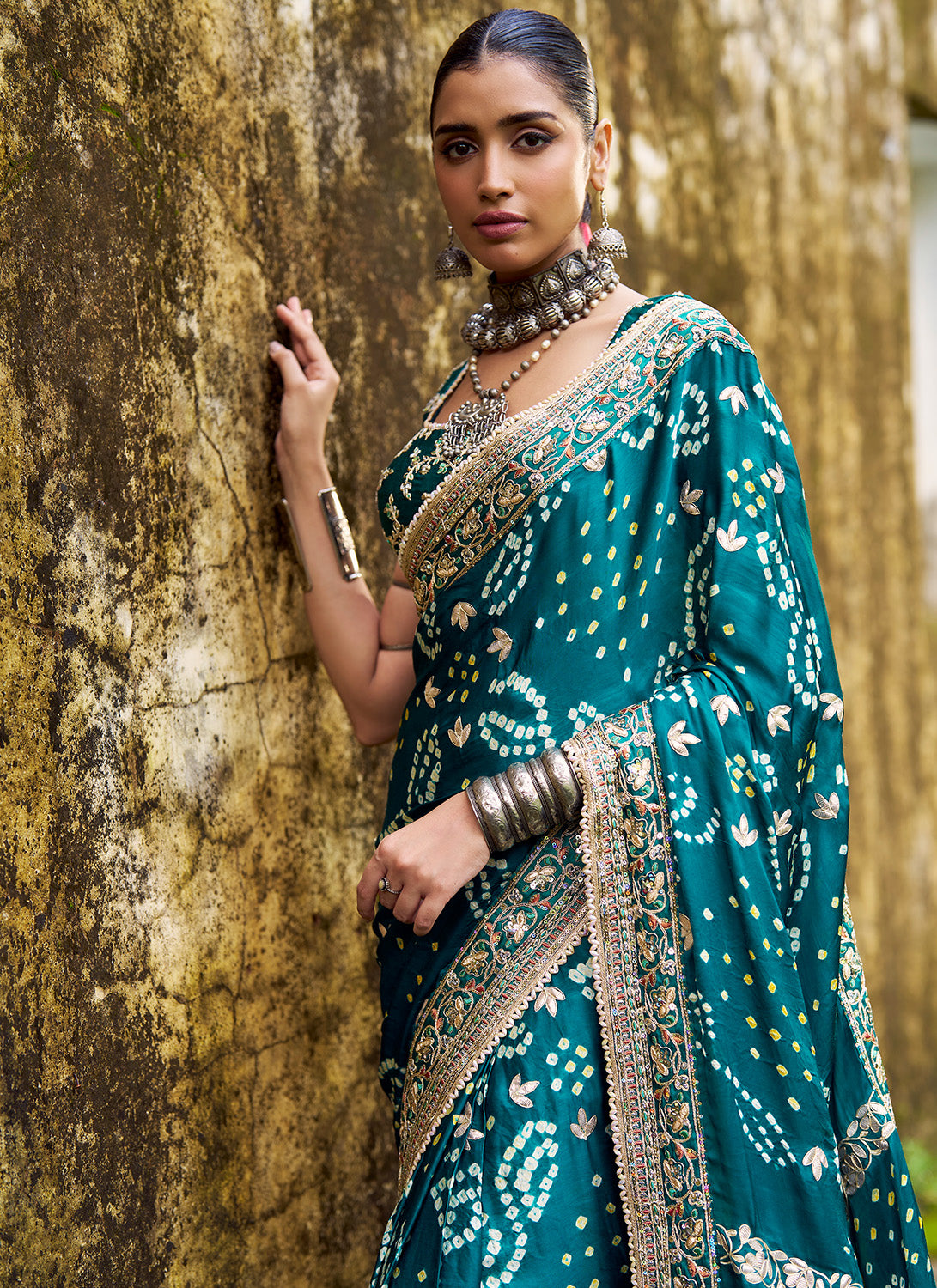 Teal Green Embroidered Pure Bandhani Saree