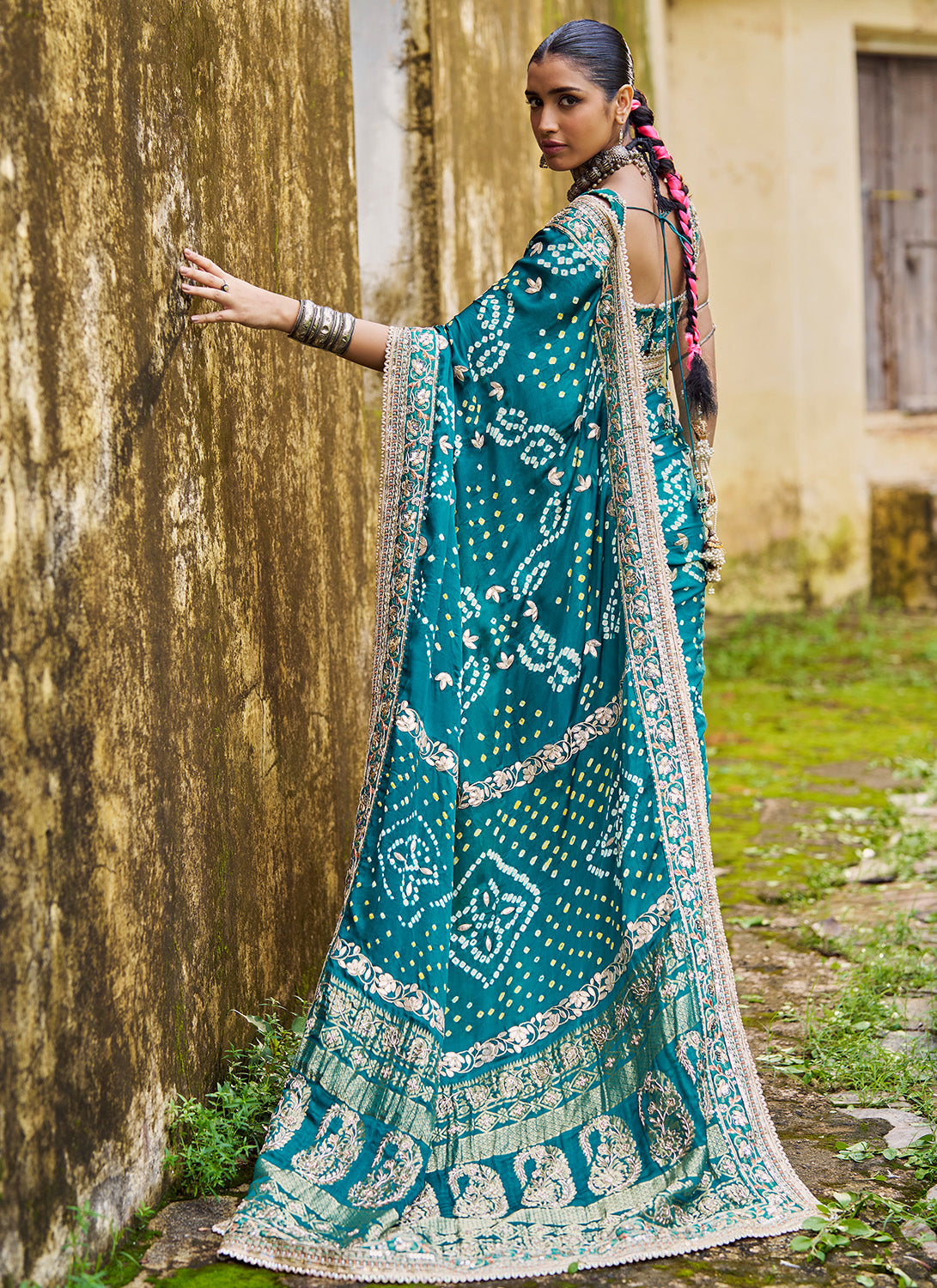 Teal Green Embroidered Pure Bandhani Saree