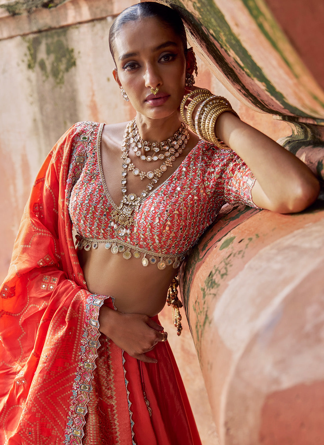 Orange Embroidered Viscose Silk Lehenga