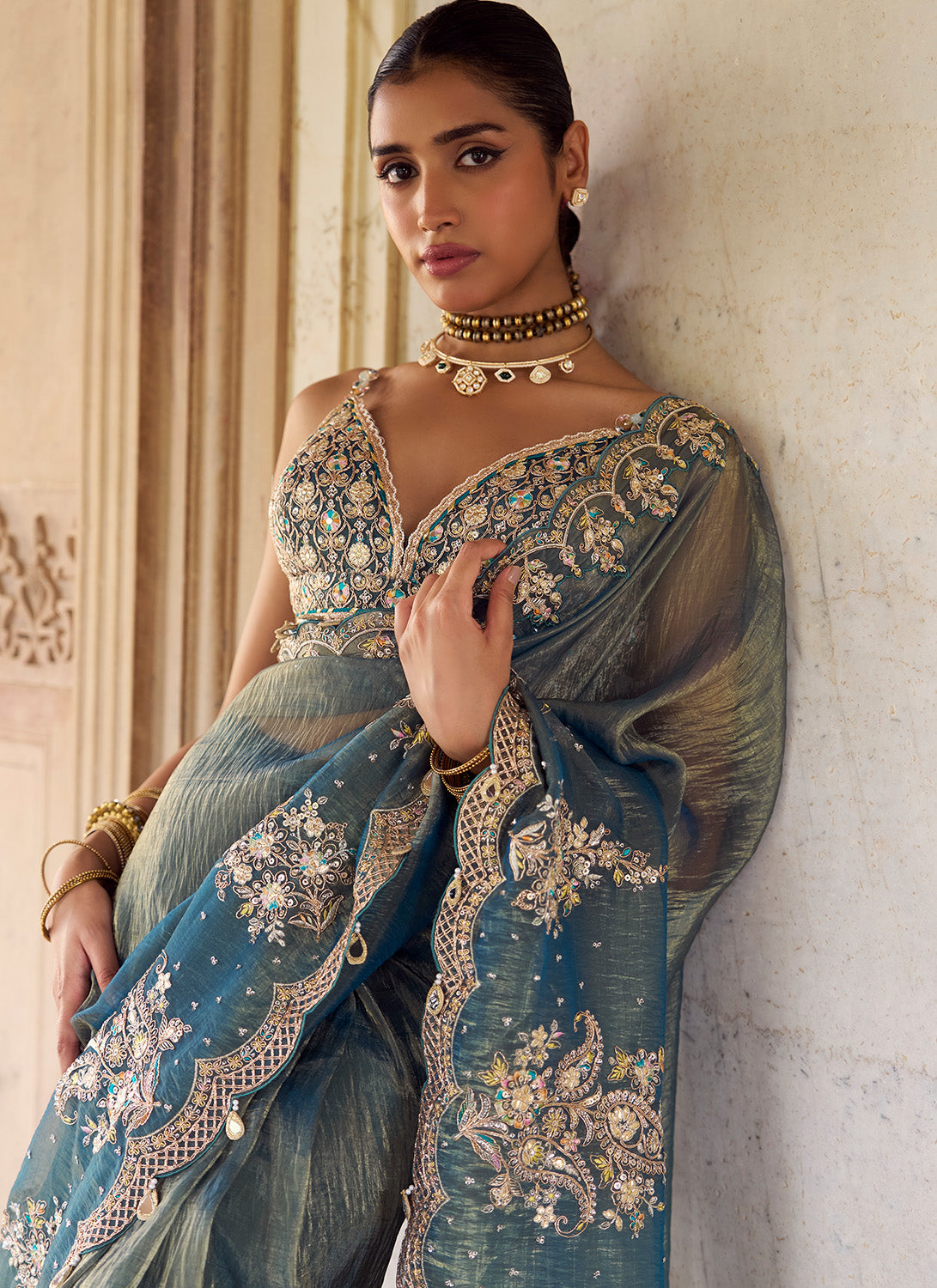 Teal Green Embroidered Saree