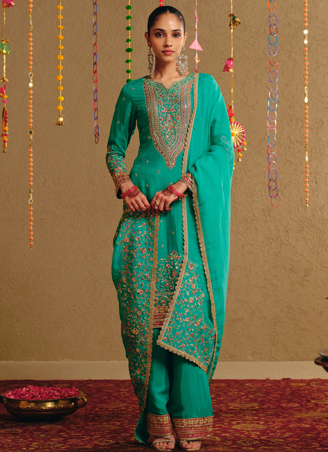 Sea Green Embroidered Viscose Silk Straight Palazzo Suit