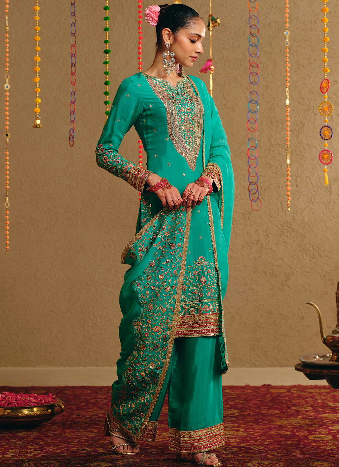 Sea Green Embroidered Viscose Silk Straight Palazzo Suit