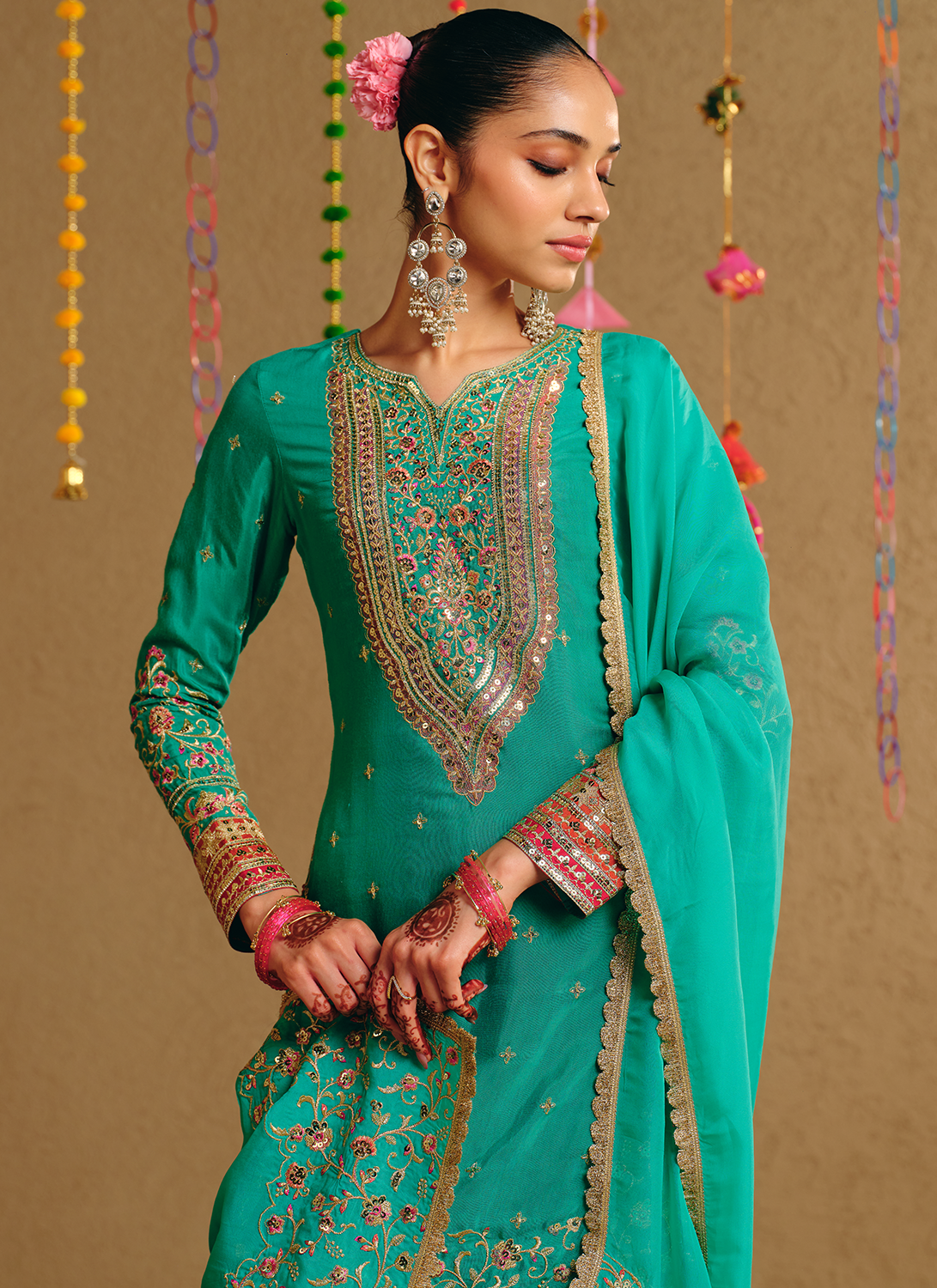 Sea Green Embroidered Viscose Silk Straight Palazzo Suit