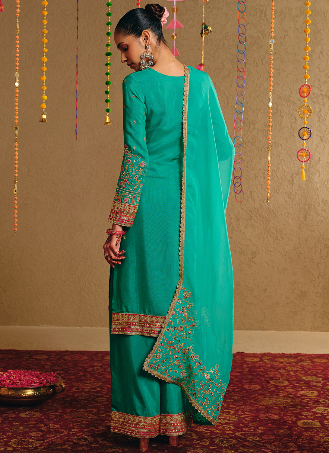 Sea Green Embroidered Viscose Silk Straight Palazzo Suit