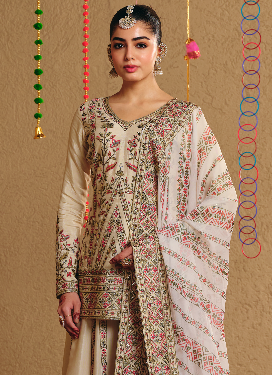 Ivory Multicolor Embroidered Viscose Silk Sharara