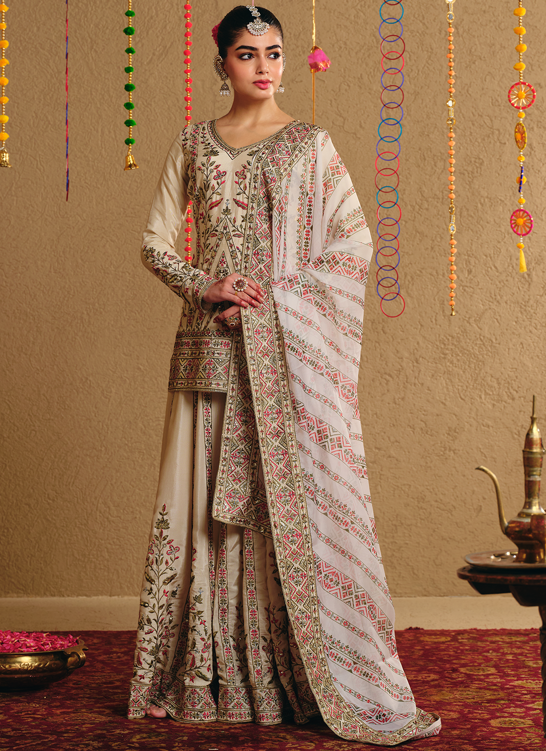 Ivory Multicolor Embroidered Viscose Silk Sharara