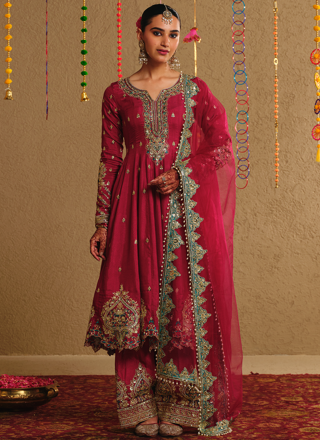 Wine Embroidered Viscose Silk Anarkali Style Salwar Suit