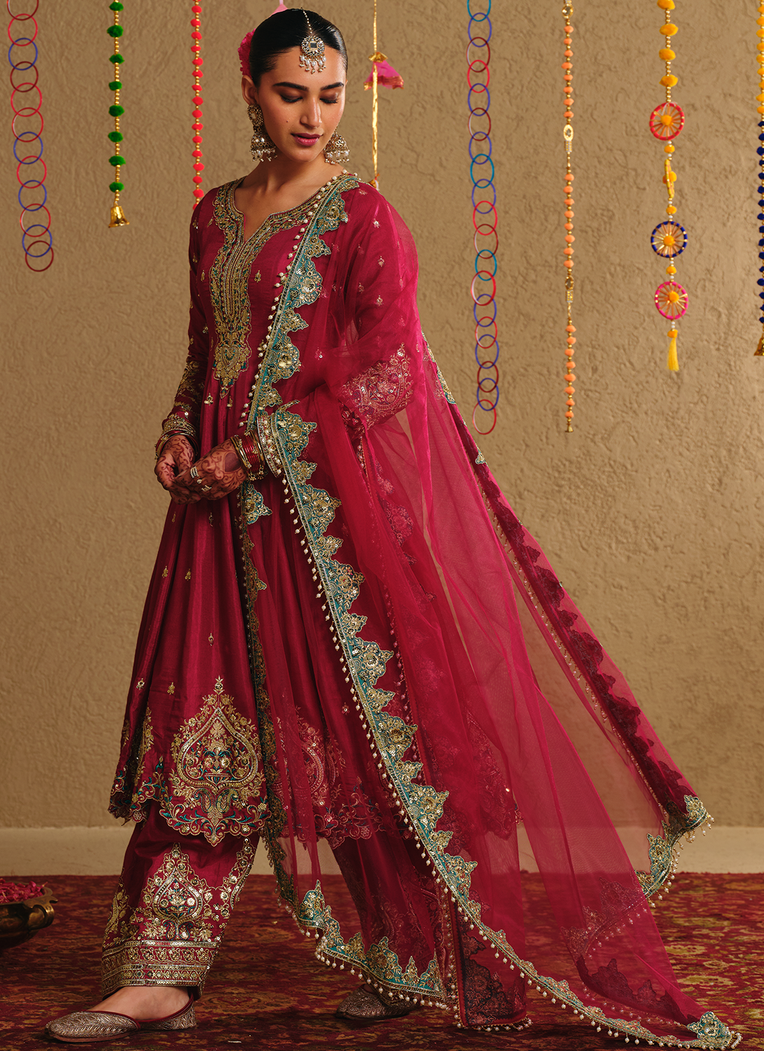 Wine Embroidered Viscose Silk Anarkali Style Salwar Suit