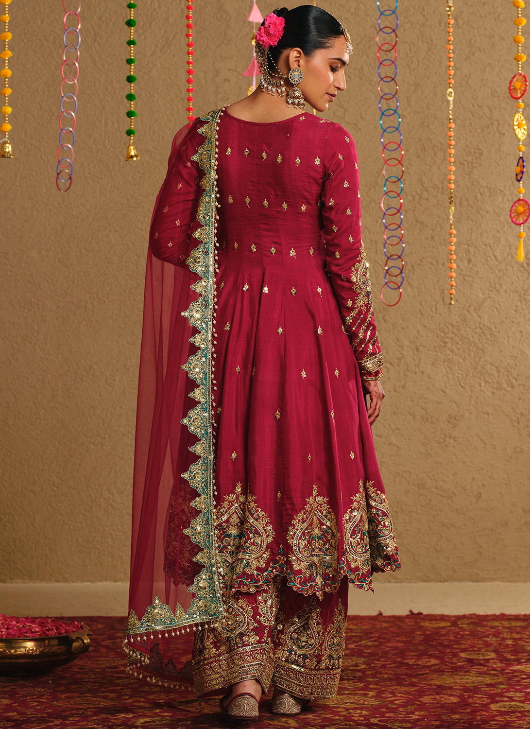 Wine Embroidered Viscose Silk Anarkali Style Salwar Suit