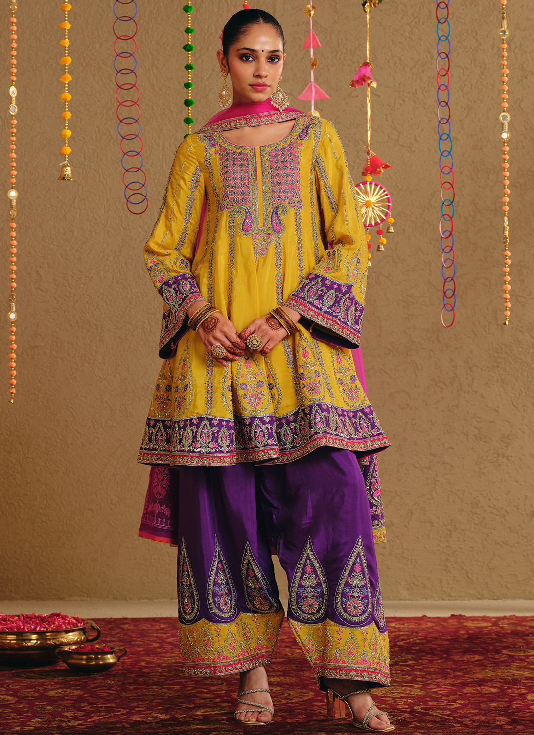 Mustard Multicolor Embroidered Viscose Silk Salwar Suit