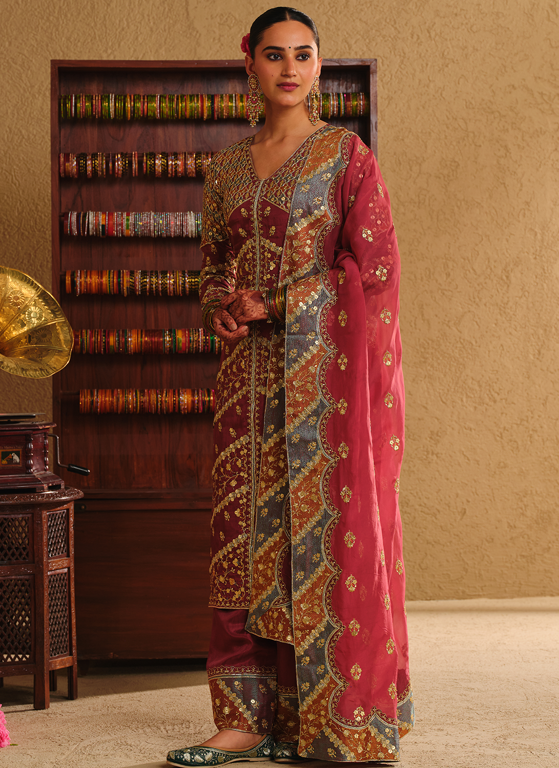 Maroon Embroidered Viscose Silk Palazzo Suit