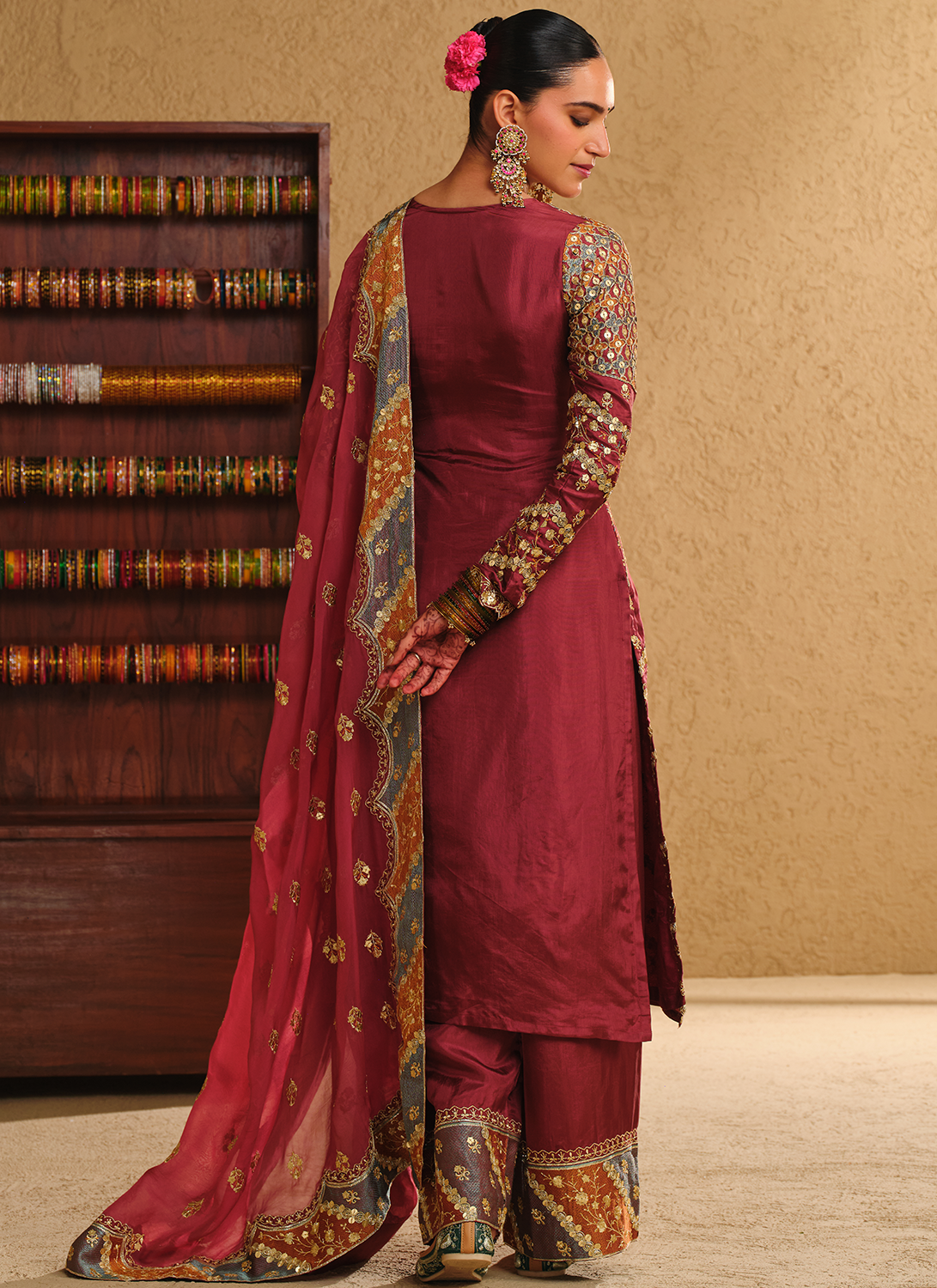 Maroon Embroidered Viscose Silk Palazzo Suit