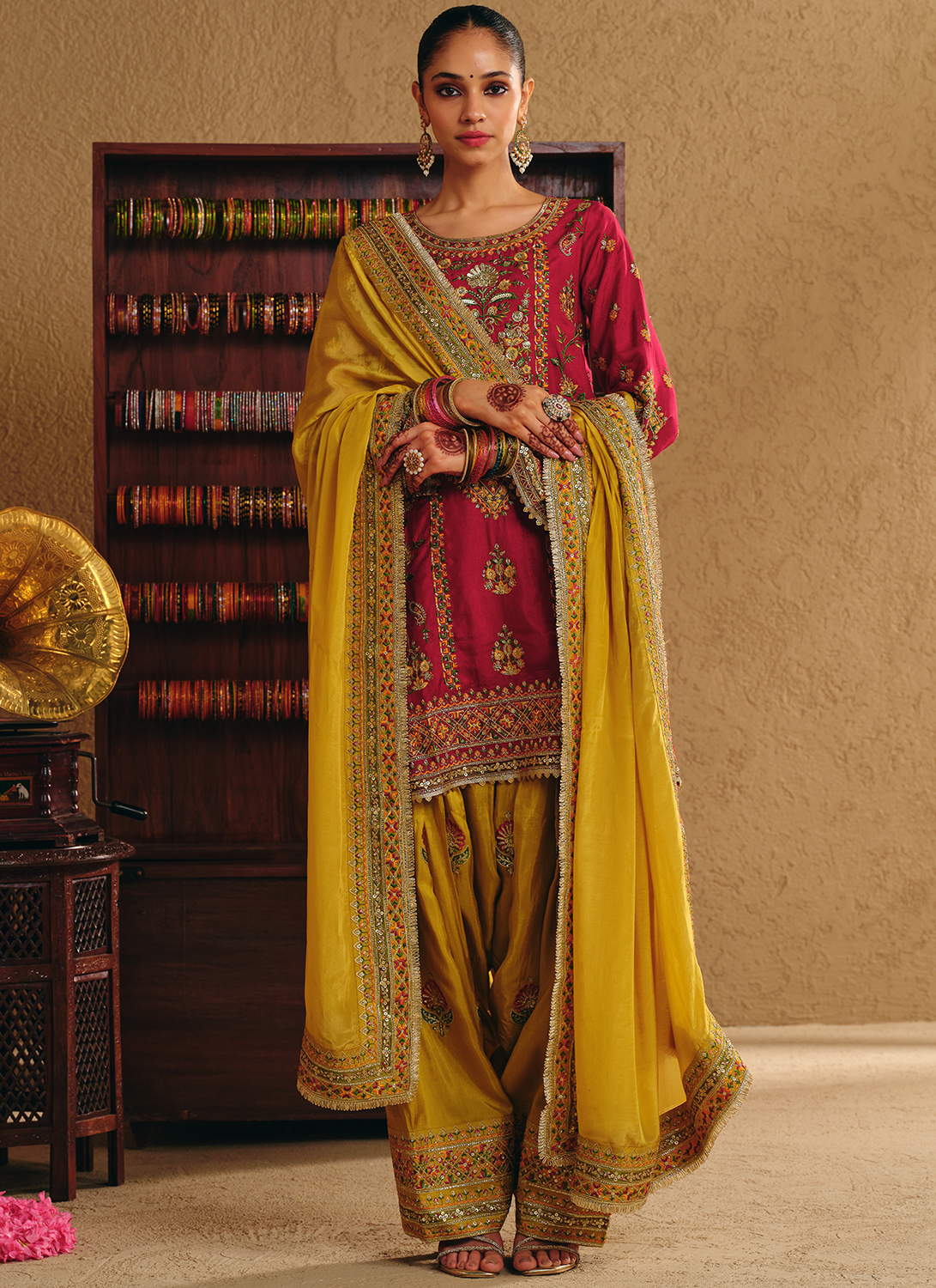 Crimson and Yellow Embroidered Viscose Silk Punjabi Suit