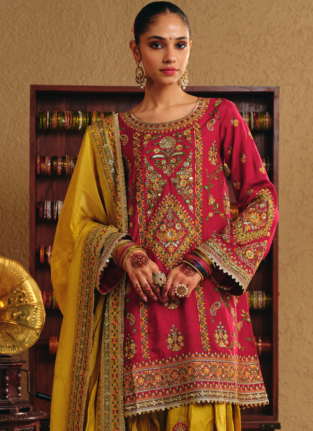 Crimson and Yellow Embroidered Viscose Silk Punjabi Suit