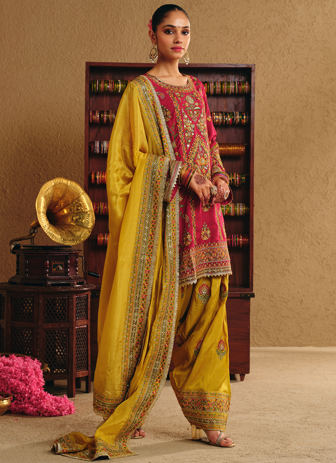 Crimson and Yellow Embroidered Viscose Silk Punjabi Suit