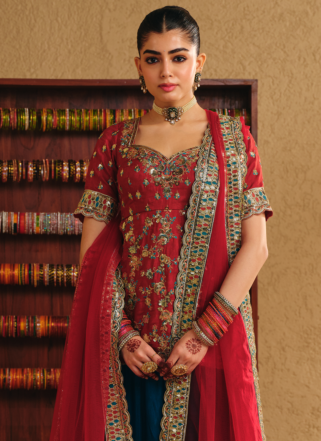 Red and Blue Embroidered Viscose Silk Kurti Style Lehenga