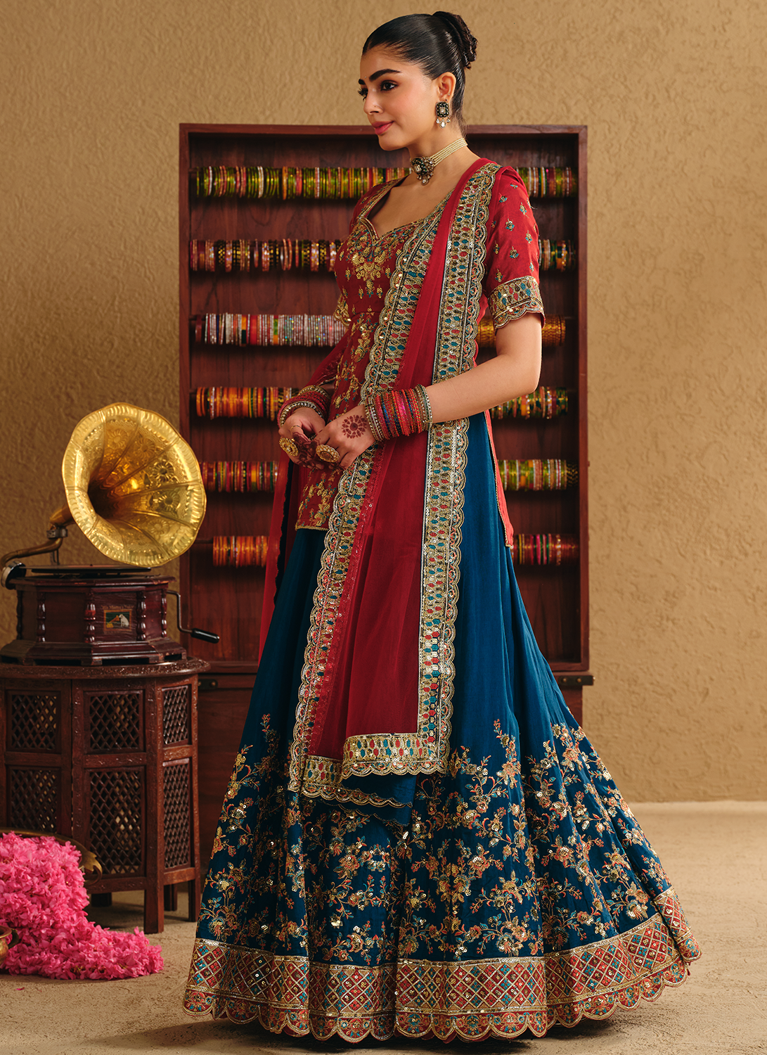 Red and Blue Embroidered Viscose Silk Kurti Style Lehenga