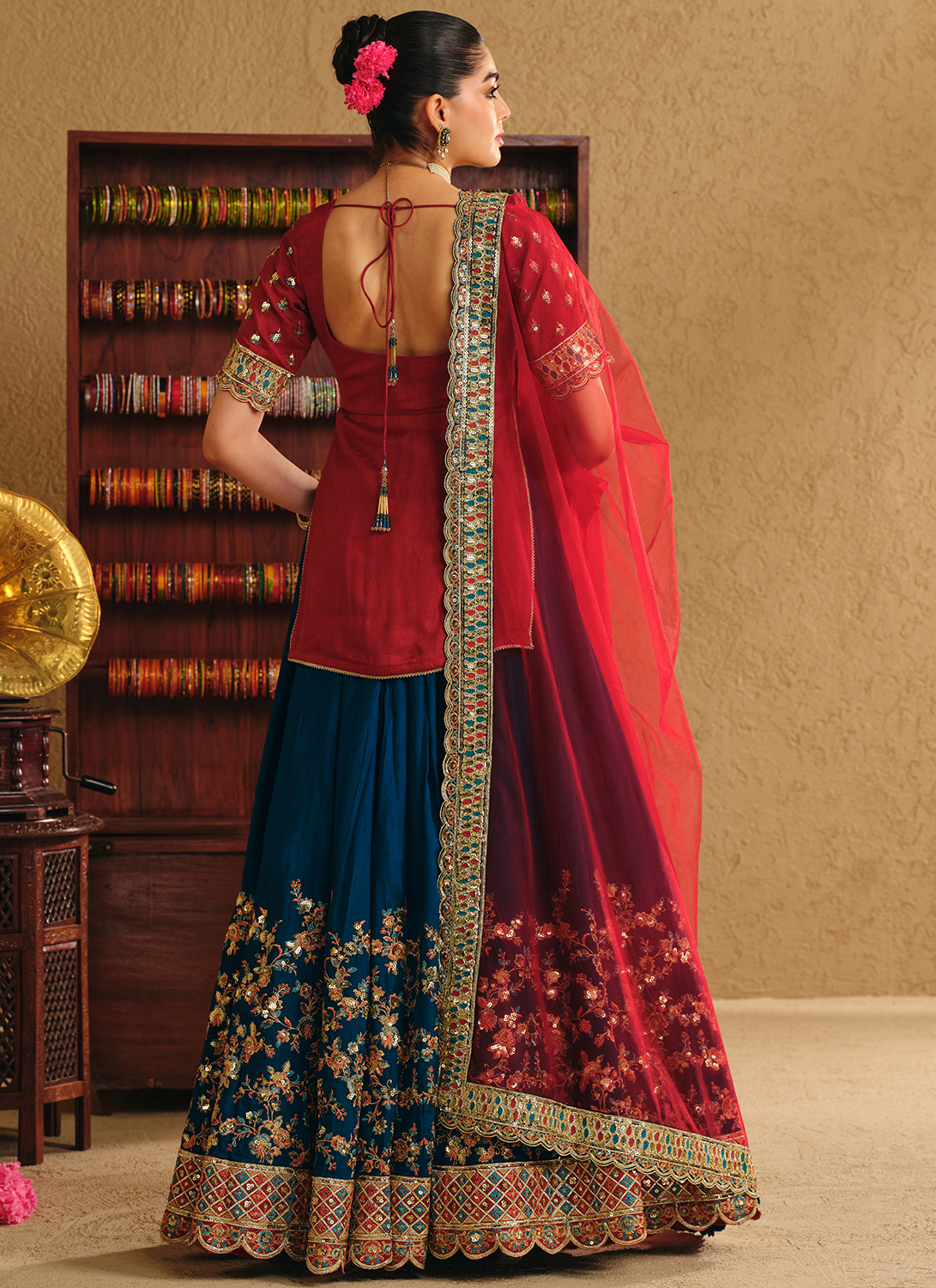 Red and Blue Embroidered Viscose Silk Kurti Style Lehenga