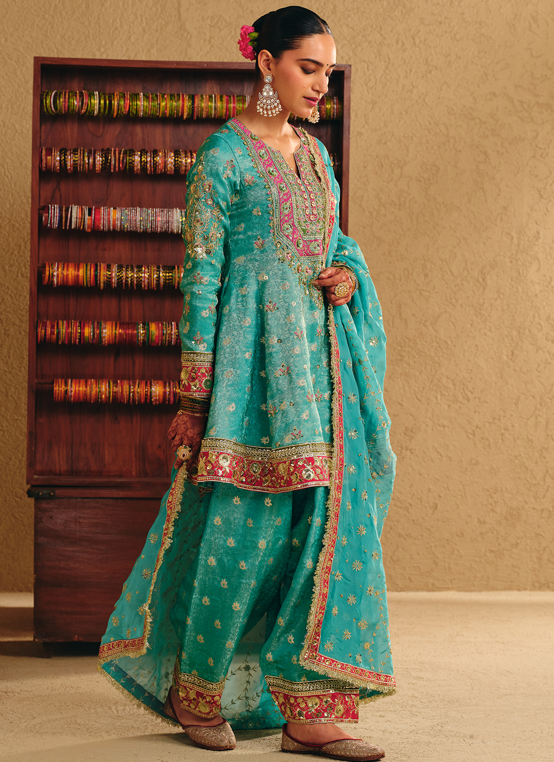 Sea Green Embroidered Viscose Brocade Salwar Suit