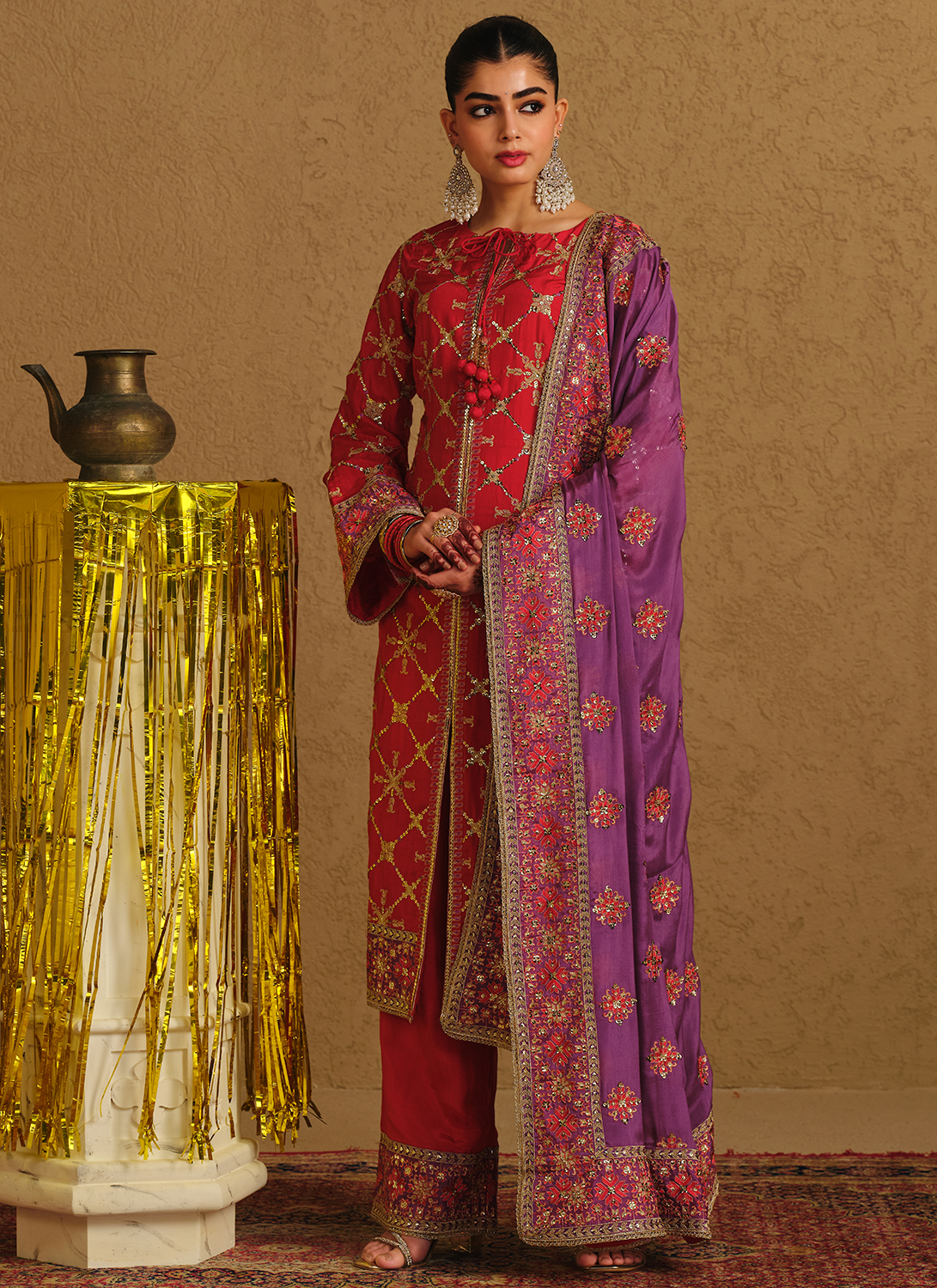 Crimson Embroidered Viscose Silk Straight Palazzo Suit