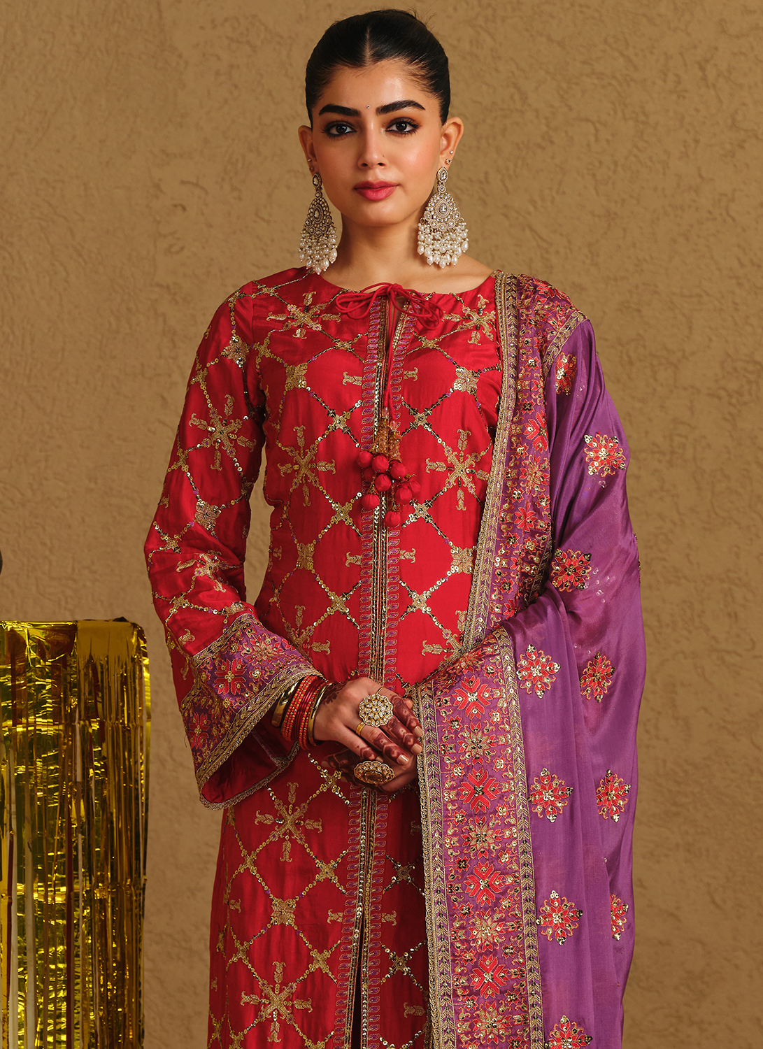 Crimson Embroidered Viscose Silk Straight Palazzo Suit