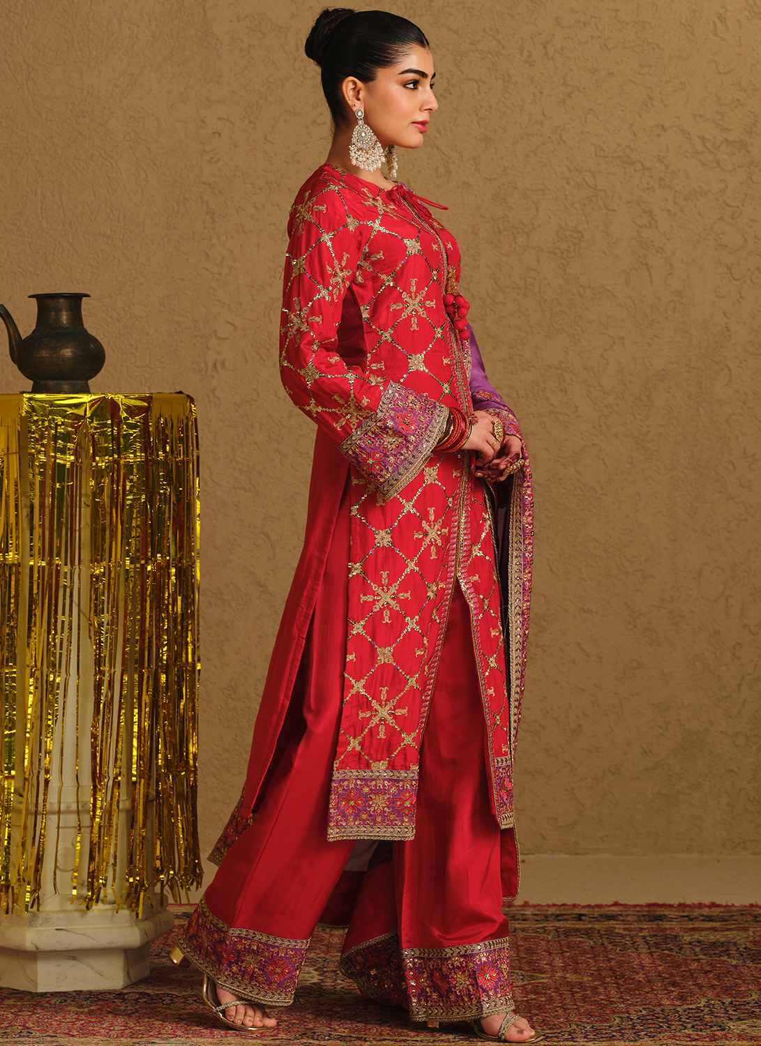 Crimson Embroidered Viscose Silk Straight Palazzo Suit