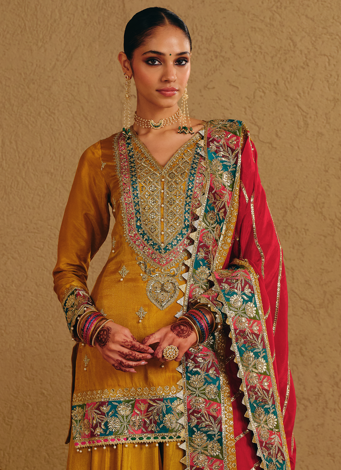 Mustard Multicolor Embroidered Viscose Organza Sharara