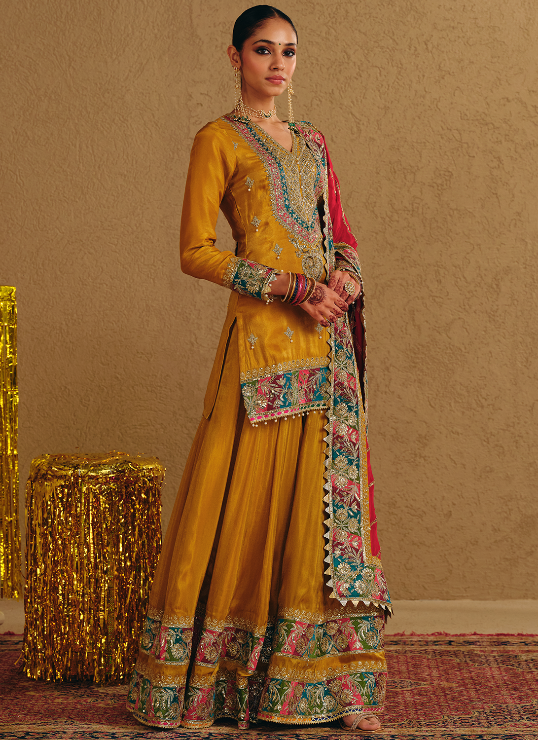Mustard Multicolor Embroidered Viscose Organza Sharara